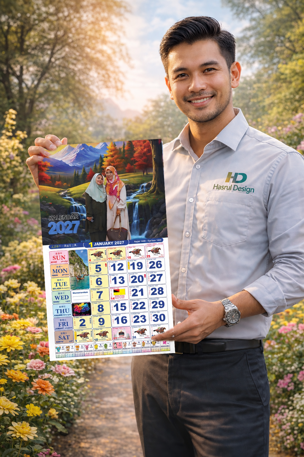 Model Hasrul Design memegang kalendar custom 2027